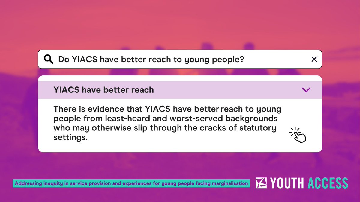 Youth Information, Advice and Counselling Services have better reach 💜 YIACS serve higher proportions of LGBTQ+ young people, Black and racially minoritised young people than CAMHS whilst delivering comparable clinical outcomes 📕 Read more ow.ly/o36N50QNrp1