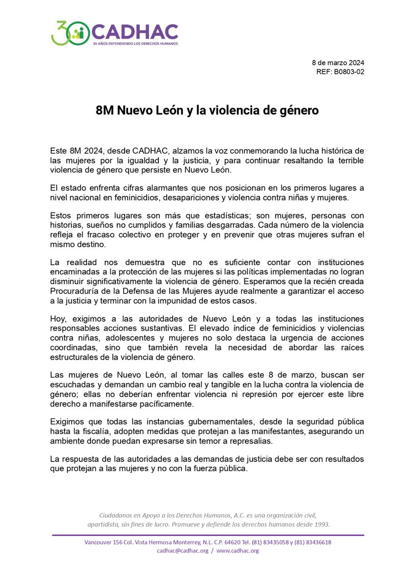 #8M2024 Nuevo León en los primeros lugares en feminicidios, desaparición y violencia contra niñas y mujeres

La respuesta de las autoridades a las demandas de #Justicia debe ser con resultados que protejan a las mujeres y no con la fuerza pública

cadhac.org/2023/8m-nuevo-…