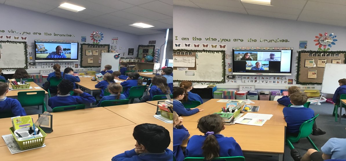 As part of World Book day, Year 3 had a visit from the award-winning author ,Michael Morpurgo ,live from South Africa about his book 'Butterfly Lion'. The children thoroughly enjoyed the story and were intrigued by his pet 'Swimzy'.