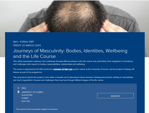 paul_hodkinson's tweet photo. Journeys of #Masculinity  online symposium Fri 22 March - full prog with abstracts now online - free but please register! Papers on #caring, getting #older, #bodyimage, #supportseeking, #interventions &amp; Journeys of #HairLoss findings/report - more at: https://t.co/Z4NgmxmKf1 https://t.co/YbC2NkPdGq