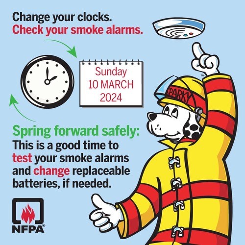 CityofFairfaxFD's tweet image. 🌞🕰️ Spring forward on Mar 10! Perfect time to check smoke alarm batteries 🔥🚨. Ensure it&apos;s ready to keep you safe! 🔄🔋 Questions? 📞703-385-7830. #NFPA #DaylightSavings #SpringIntoSafety @cityoffairfaxva @nfpa