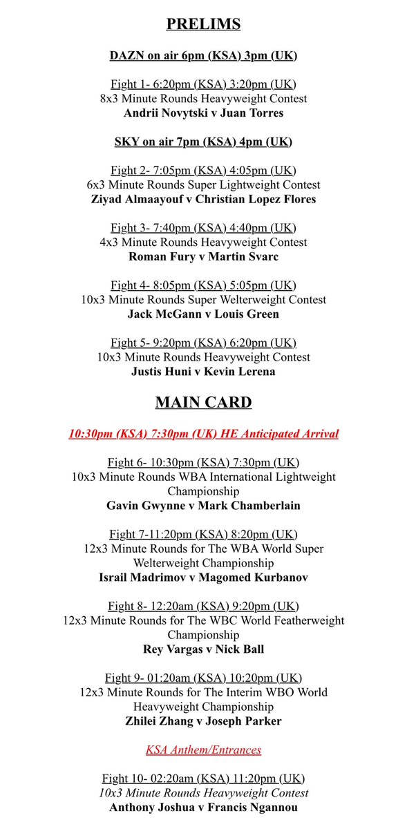 This is the running order as it stands at the moment. Been told it’s moved around a bit. Looks like @justisjphhuni in the ring at approximately 4:20am Qld time.