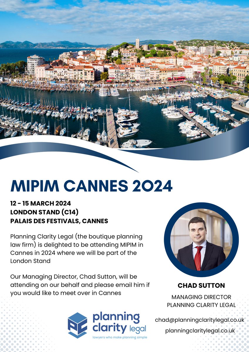 I am delighted to be attending MIPIM 2024 in Cannes from 12-15 March as Managing Director of planning law firm Planning Clarity Legal. Email me at chad@planningclaritylegal.co.uk for a meeting

#planningclaritylegal #mipim2024 #mipim24 #mipim #planninglaw #planninglawyer