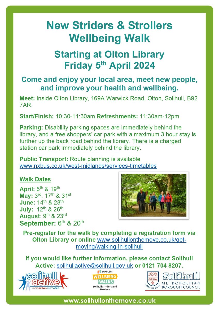 A brand-new Striders and Strollers Wellbeing Walk is starting at Olton Library on Friday 5th April 2024! 👣 Join us for a coffee at Olton Library, 169A Warwick Road, B92 7AR on Friday 22nd March 10:30am – 12pm.