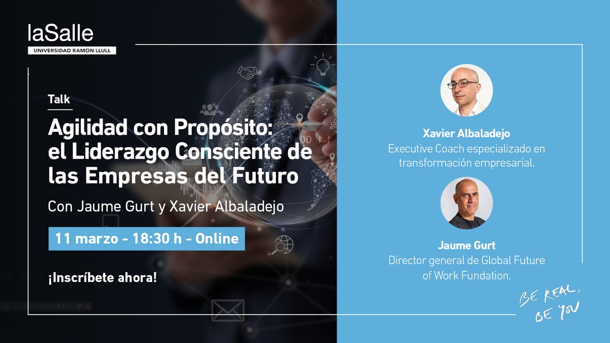 La Salle BCN (@lasallebcn) on Twitter photo 🚀 ¡Impulsa el éxito empresarial con métodos ágiles y liderazgo consciente! Únete el lunes 11 de marzo a las 18:30h a la sesión "Agilidad con Propósito: el Liderazgo Consciente de las empresas del futuro", con <a href="/JaumeGurt/">Jaume Gurt</a> y <a href="/xavi_albaladejo/">Xavier Albaladejo</a>
¡Inscríbete! 👉 link.salle.url.edu/3l0 🚀 ¡Impulsa el éxito empresarial con métodos ágiles y liderazgo consciente! Únete el lunes 11 de marzo a las 18:30h a la sesión "Agilidad con Propósito: el Liderazgo Consciente de las empresas del futuro", con <a href="/JaumeGurt/">Jaume Gurt</a> y <a href="/xavi_albaladejo/">Xavier Albaladejo</a>
¡Inscríbete! 👉 link.salle.url.edu/3l0