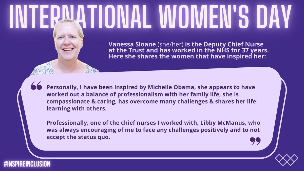ChelwestFT's tweet photo. Vanessa Sloane, Deputy Chief Nurse at the Trust has worked for the NHS for 37 years. For #IWD24, she explains who has inspired her both personally and professionally throughout her life and career. #InspireInclusion https://t.co/TLU3beESjC