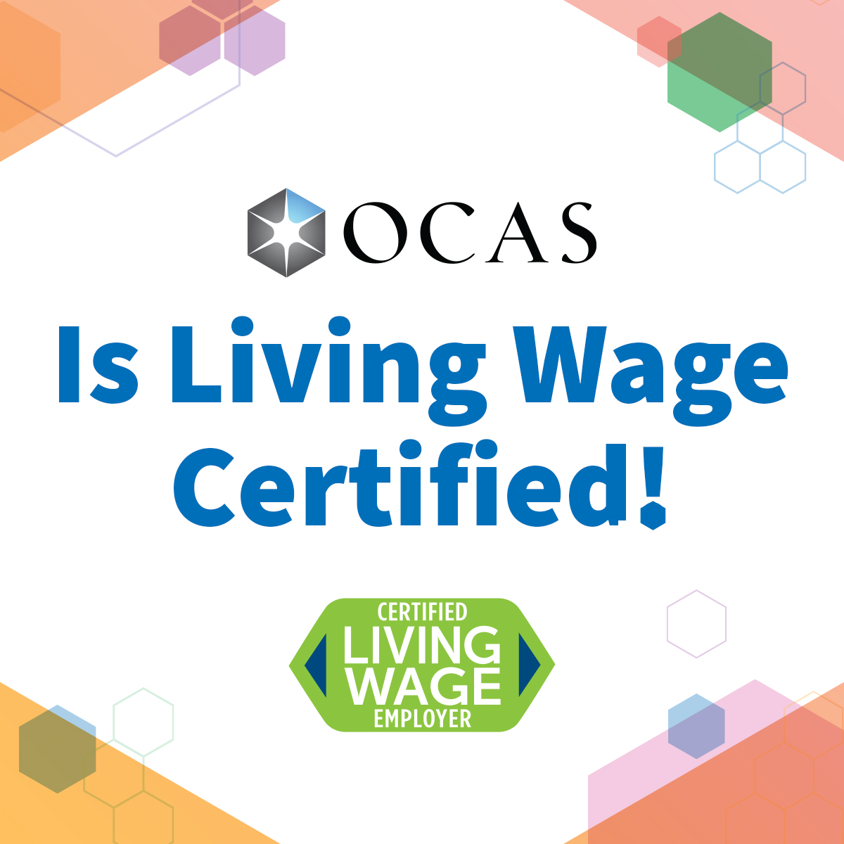 OCAS is proud to be a Certified Living Wage Employer! We believe paying a living wage shows our investment in our work colleagues. Studies show that being paid a living wage lowers stress and makes employees feel more appreciated. Learn about OCAS at ocas.ca