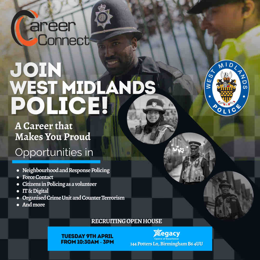 🚔 Dreaming of a career where you can make a difference? Representation matters, & it starts with you! Join us at Career Connect Presents: West Midlands Police Recruitment Day. Let’s shape the future together! 🌟 🎟️: ow.ly/FNYQ50QO6N6