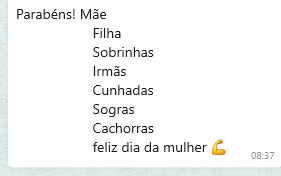 jinohul's tweet photo. minha tia foi desejar feliz dia das mulheres no grupo da família, quis incluir os ANIMAIS e não sei se ela escreveu isso da melhor forma https://t.co/vrkgbgAXbQ