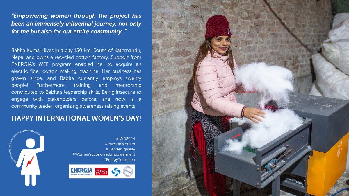 Babita Sah owns a recycled cotton factory. Access to training, mentorship and finance enabled her to expand her business. She now employs 20! Be inspired! 👉energia.org/invest-in-wome… #InvestInWomen #IWD2024♀️💜 #WomensEconomicEmpowerment 💪#GenderEquality #EnergyTransition ⚡️