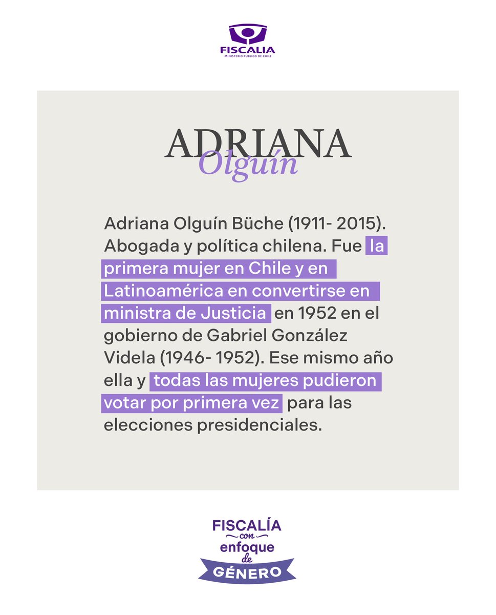 💜 Hoy #8M destacamos a Adriana Olguín, pionera en abrir paso al voto femenino en Chile. 💪🏼Su valor y perseverancia permitieron que las #mujeres tuvieran voz en la historia del país. Su legado lo recordamos este día. #MujeresDestacadas #DiaDeLaMujer #DiaInternacionalDeLaMujer