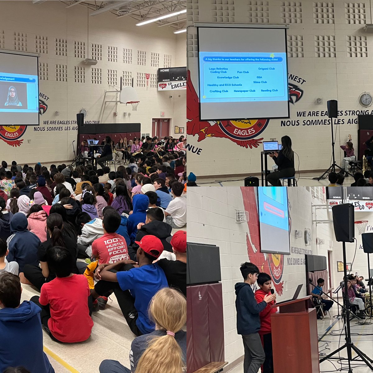 Celebration, Pink Shirt Day School Spirit Assembly
Ss sharing messages about saying no to bullying.  Celebrating clubs, teams, accomplishments.  Stellar performances from the beginning Junior band! EMPS Eagles had a fantastic first term!