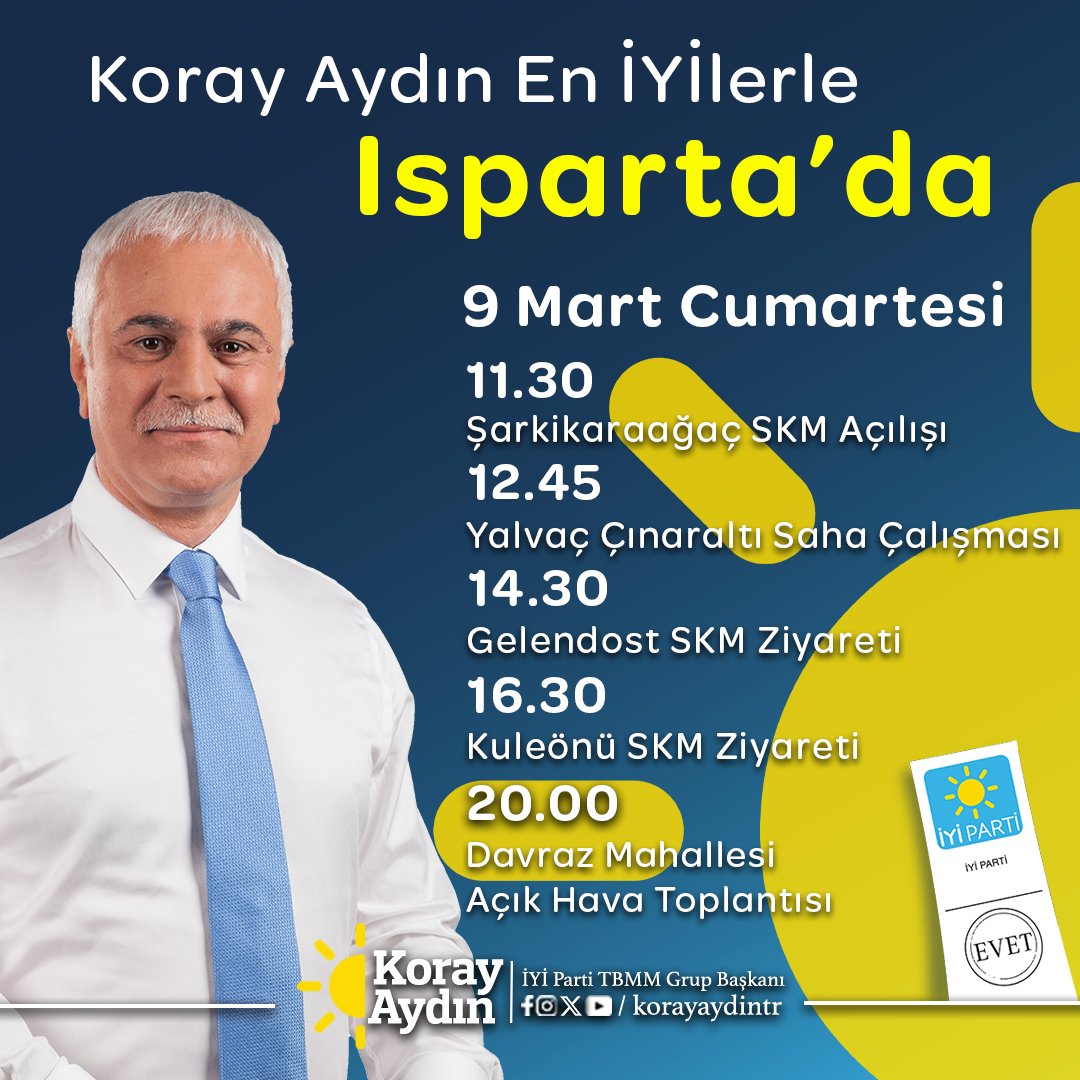 🔴Bu haftasonu "En İYİlerle" #Isparta ve #Burdur'dayız!

#İYİBelediyecilik için sahadayız.

✅Isparta 9 Mart Cumartesi
✅Burdur 10 Mart Pazar

🗓️9 Mart Cumartesi - Isparta Programımız
🕦Şarkikaraağaç SKM Açılışı
🕚Yalvaç Çınaraltı Saha Çalışması
🕝Gelendost SKM Ziyareti
🕟Kuleönü
