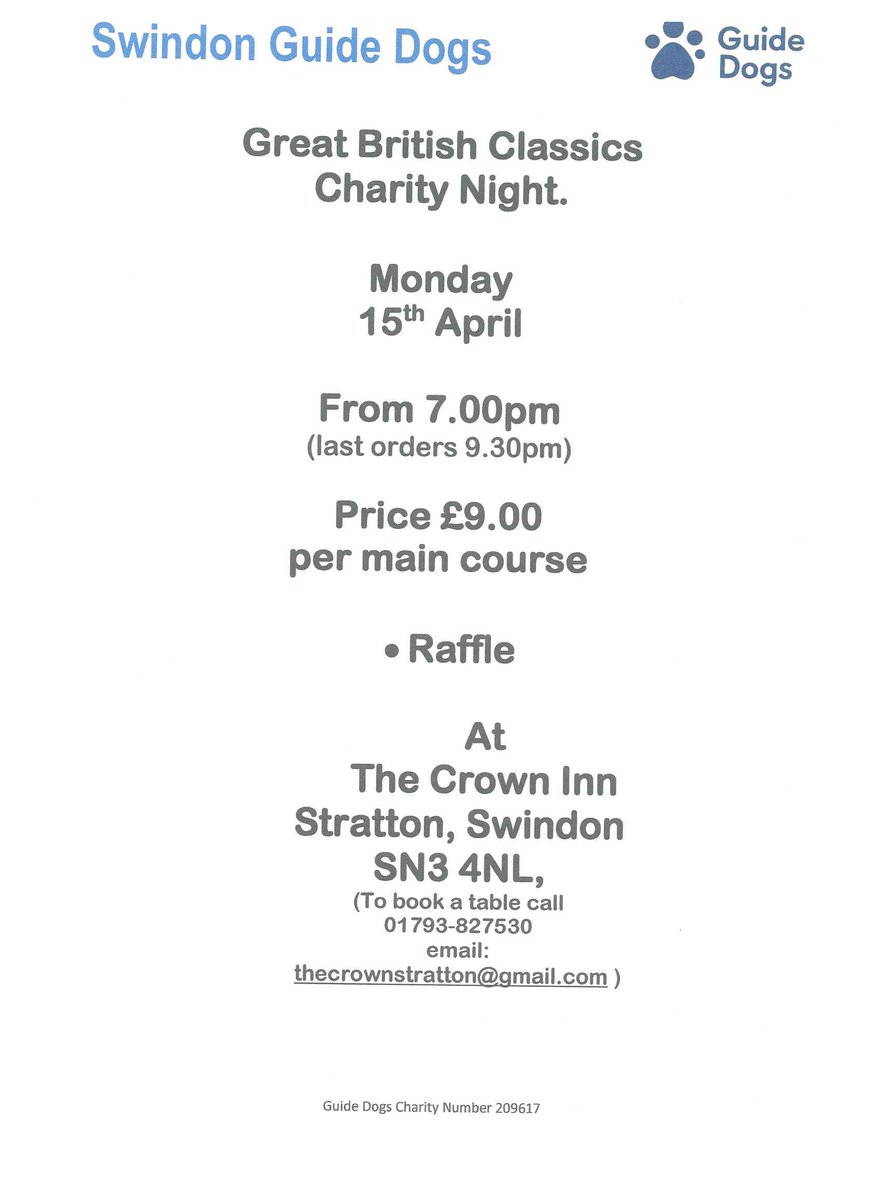 Swindon Guide Dogs are holding a Great British Classics Night at The Crown Inn, Stratton, SN3 4NL on Monday 15ih April from 7pm.
Price £9 main course.
To book a table call The Crown on 01793827530  email thecrownstratton@gmail.com
Book early as this is a very popular event.  #li