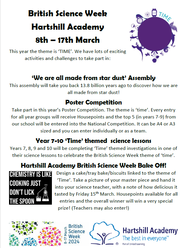 hartshillacad's tweet photo. Team science have big plans for @ScienceweekUK 2024! Pupils will be taking part in 'time' themed investigations, we have a poster competition and a Hartshill Academy British Science Week Bake-off for pupils to enter. All based on the British Science Week theme of 'time'. #BSW24 https://t.co/7MtAxsGsS4