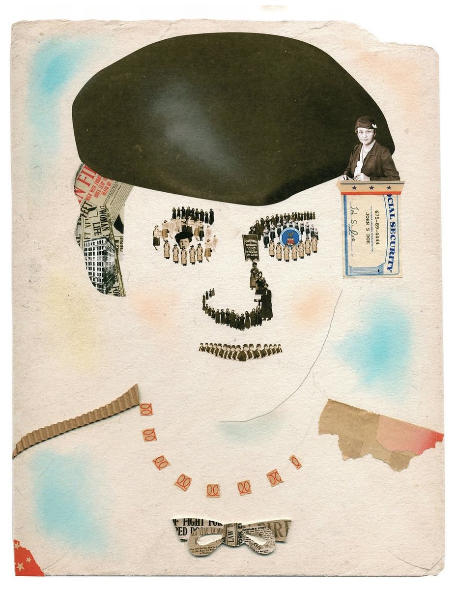 Frances Perkins was the first woman to serve in any presidential US cabinet. As the Secretary of Labor, she was vital in creating the New Deal, minimum wage, and the Social Security Act. Collage on paper in the permanent collection of the @librarycongress #InternationalWomensDay