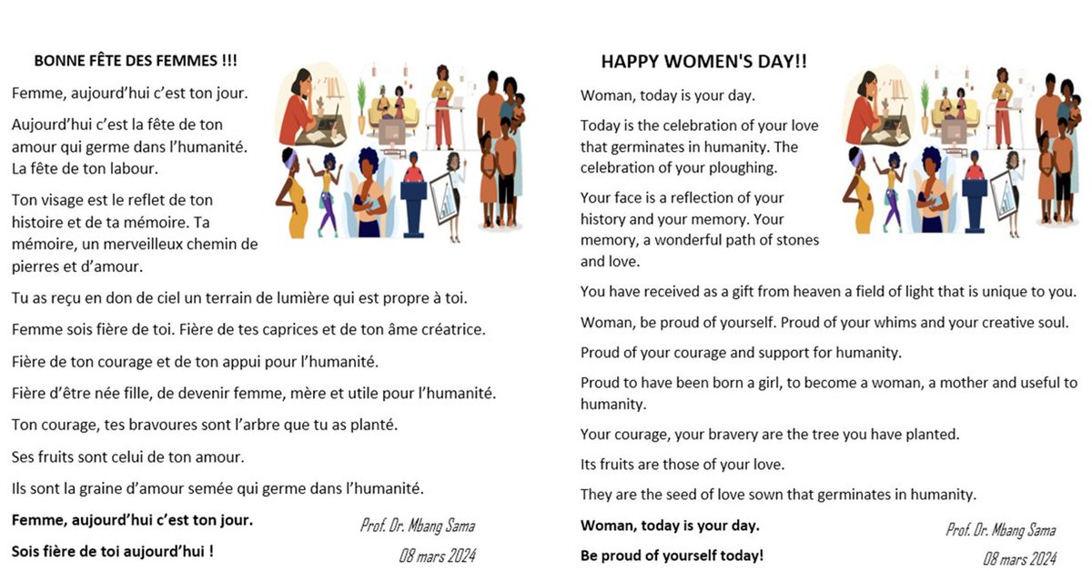 MbangSama's tweet photo. une célébration pour vous les femmes…un souhait d’être à votre écoute…une promesse de vous soutenir
...actions en cours de téléchargement…restez connectés

a celebration for you women...a wish to listen to you...a promise to support you...actions being downloaded... stay tuned https://t.co/lNbPAoBMNK