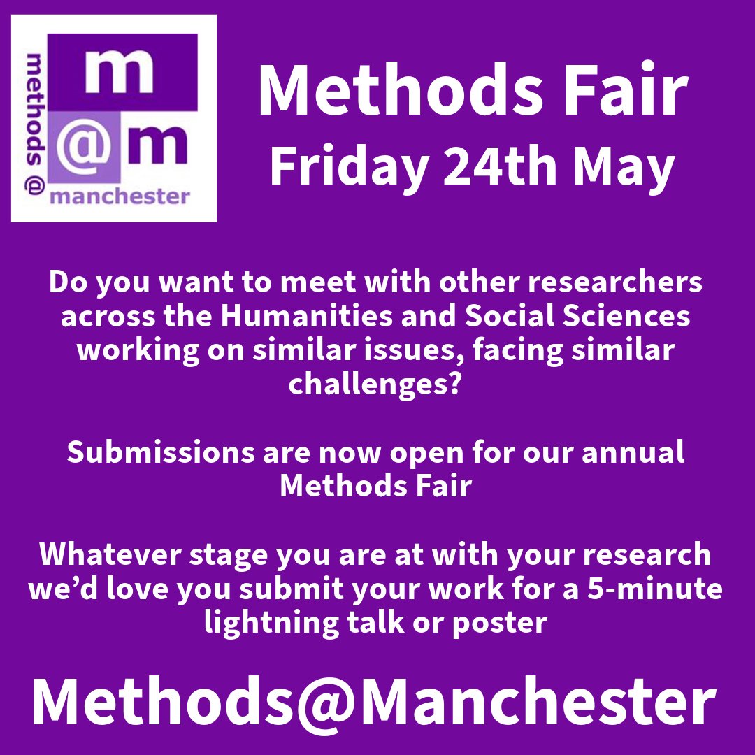 Looking forward to your submissions to the @methodsMcr annual Methods Fair! Lots of opportunities to network with researchers from @uomhums @MethodsNW and beyond! Check out the details here 👇👇👇new.express.adobe.com/webpage/dWui8q…
