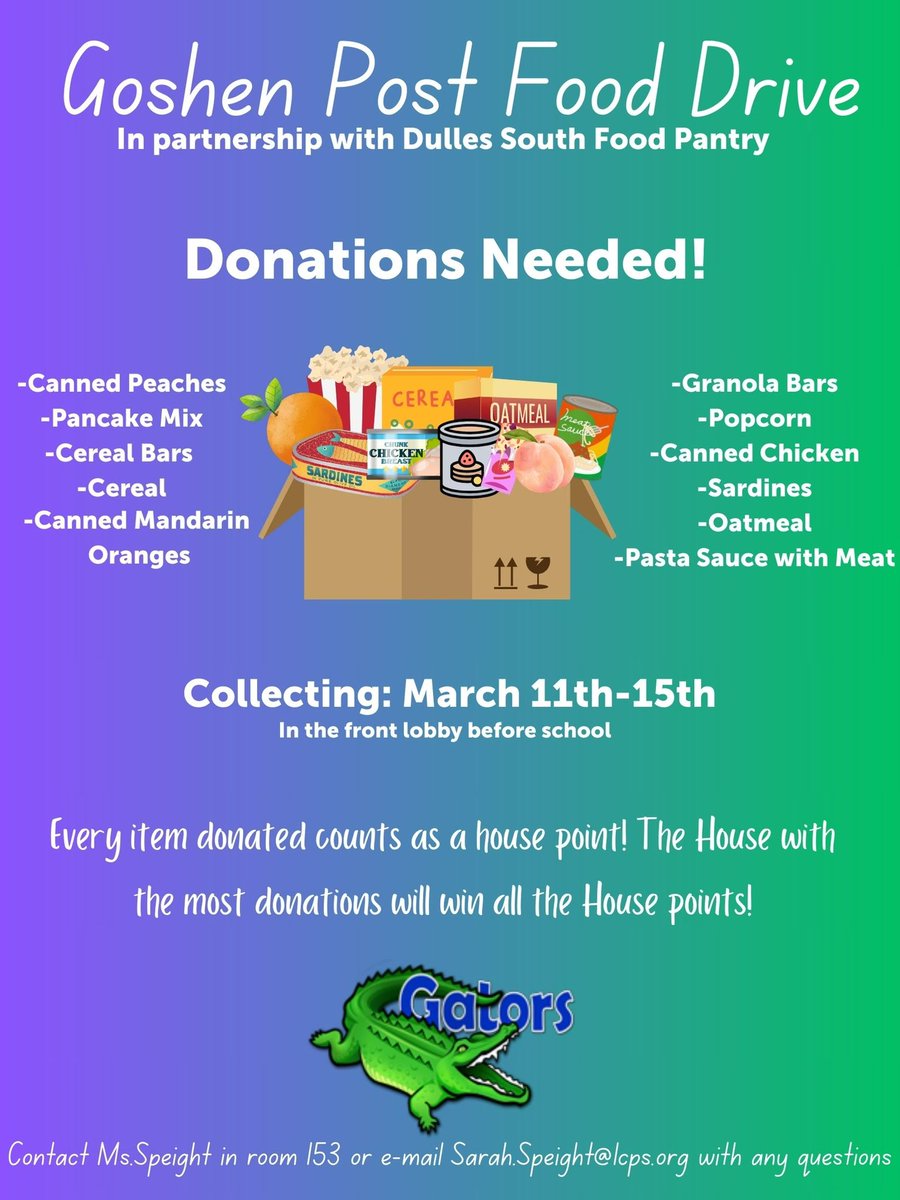 Please consider donating to next week’s Food Drive! Donations will be collected at the front lobby starting Monday. Children will be able to earn one house point for every item donated, and the House with the most donations will win all of the House points!