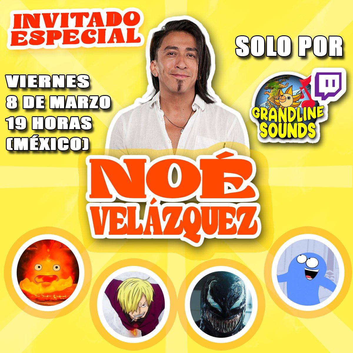 Y el día de hoy tendremos a un gran invitado.
Actor de doblaje y director de doblaje mexicano, con 24 años de carrera, y la voz de nuestro querido Sanji!
El señor @9lzx platicara con nosotros esta noche! 
Los espero en Twitch
twitch.tv/grandlinesounds