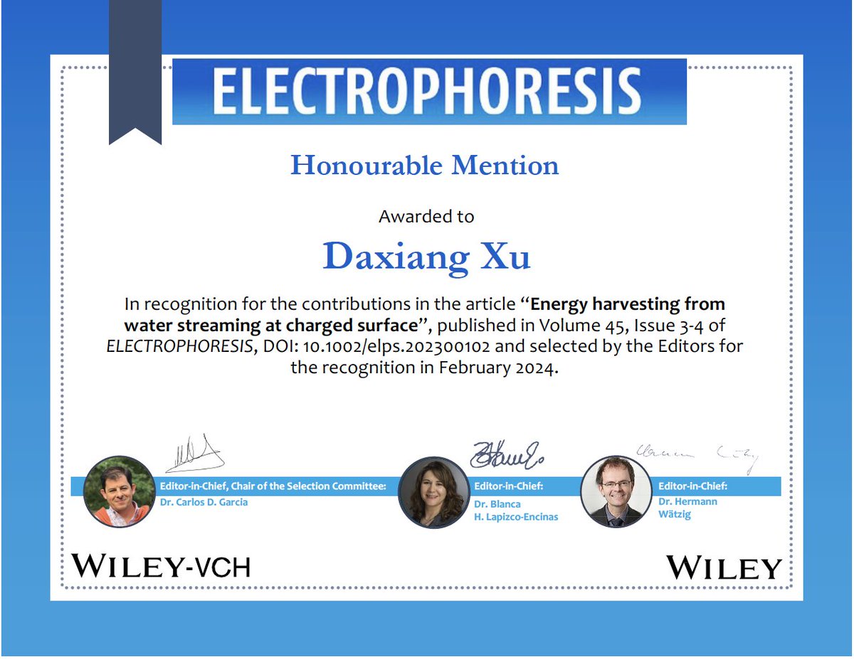 Congrats to Daxiang Xu, in recognition for the contributions in the review “Energy harvesting from
water streaming at charged surface”, selected by the Editors for the recognition in February 2024 - doi.org/10.1002/elps.2…