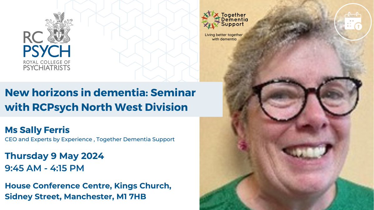 Hear the lived experience of dementia: Carers’ stories’ and what it is like living with dementia 24/7. Sally Ferris and colleagues from Together Demetia Support join us this May in Manchester. More info & bookings➡️bit.ly/49YP50M @2GetherDementia @rcpsychOldAge