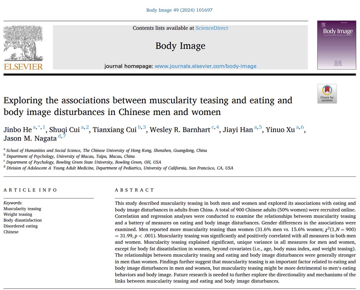 📢Thrilled to share our new paper which shows muscularity teasing was correlated with all measures in both men and women and the relationships were generally stronger in men than women. <a href="/WesleyRBarnhar1/">Wes Barnhart (they/he)</a> <a href="/jasonmnagata/">Jason Nagata, MD</a> <a href="/ShuqiCui/">Shuqi CUI, Emily</a> <a href="/TianxiangCui/">Cui Tianxiang | 崔天祥</a> 

doi.org/10.1016/j.body…