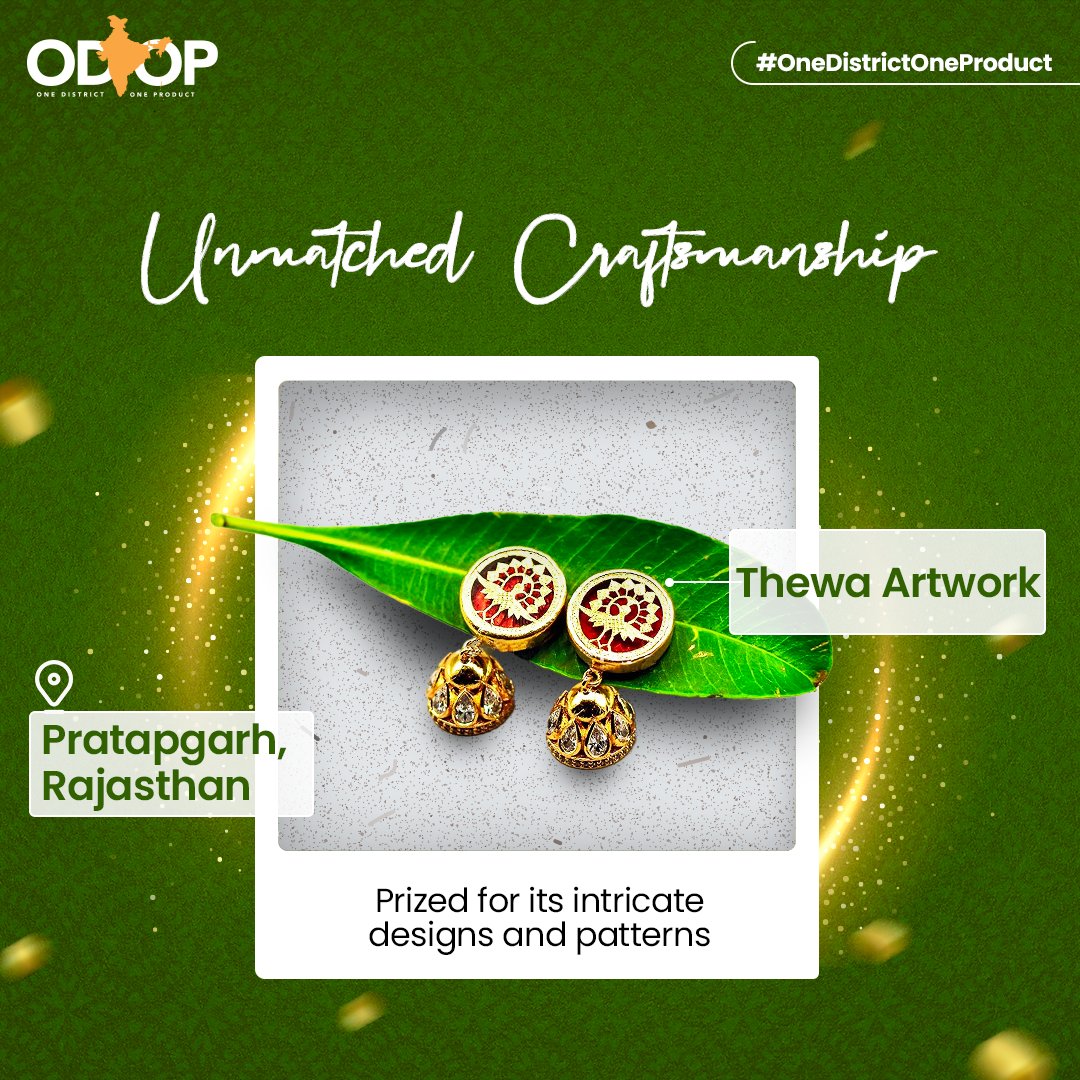 With roots in #Rajasthan's Pratapgarh, #Thewa craftsmanship delicately intertwines gold with coloured glass, resulting in jewellery esteemed for its timeless beauty & cultural significance.

Explore more at bit.ly/II_ODOP

#InvestInIndia #ODOP #InvestInRajasthan…