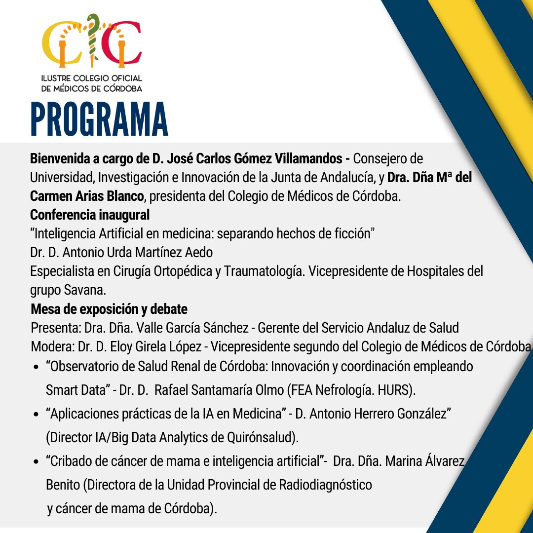 COMCórdoba organiza su primera jornada sobre Innovación en Medicina en el Hospital Quirónsalud Córdoba con la conferencia “Inteligencia Artificial en medicina: separando hechos de ficción' y una mesa redonda para el debate. 📲Inscripciones en Ventanilla única