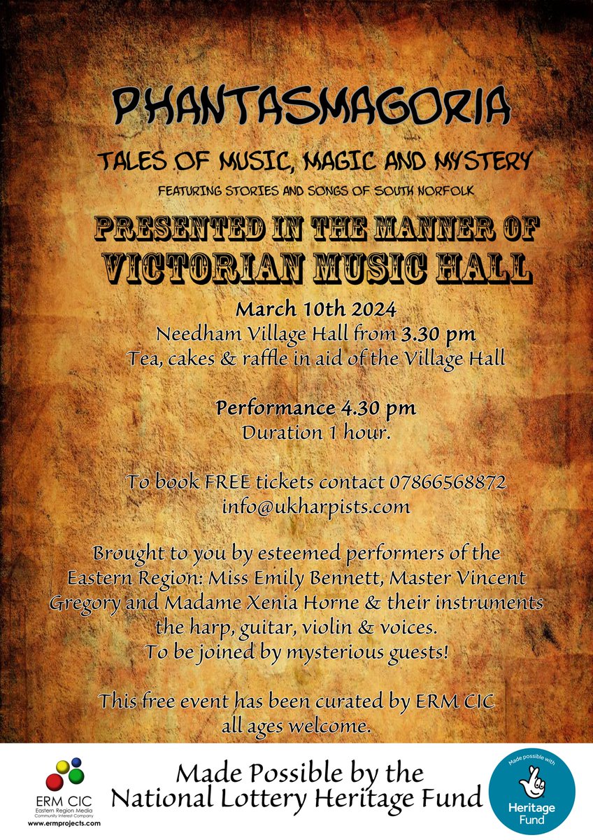 ermcic's tweet photo. Here are posters for Phantasmagoria, the tour of village halls in South Norfolk in March 2024. Researched, devised and performed by @XeniaHorne with Emily Bennett and Vincent Gregory and made possible by The National Lottery Heritage Fund. @HeritageFundUK @HeritageFundM_E https://t.co/jXQKsutcpA