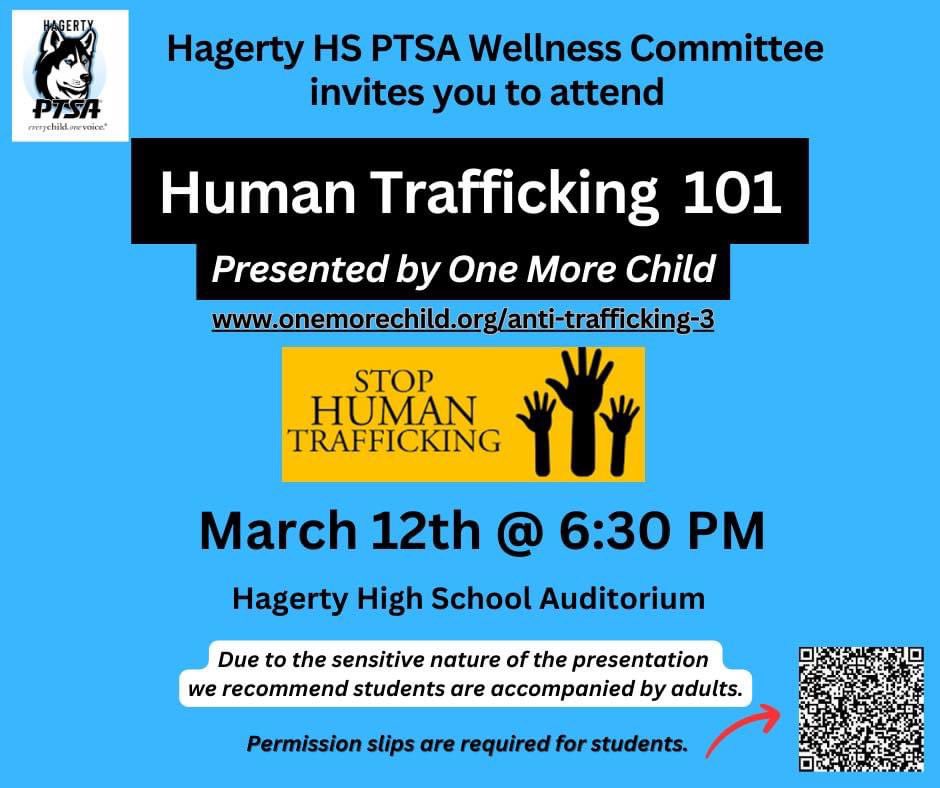 Join for the 2nd presentation in our Community Wellness Series: Human Trafficking 101, presented by One More Child.  Learn the truths &amp; myths of human trafficking.  Due to sensitive nature, we suggest students be accompanied by an adult. Permission slips are required for students