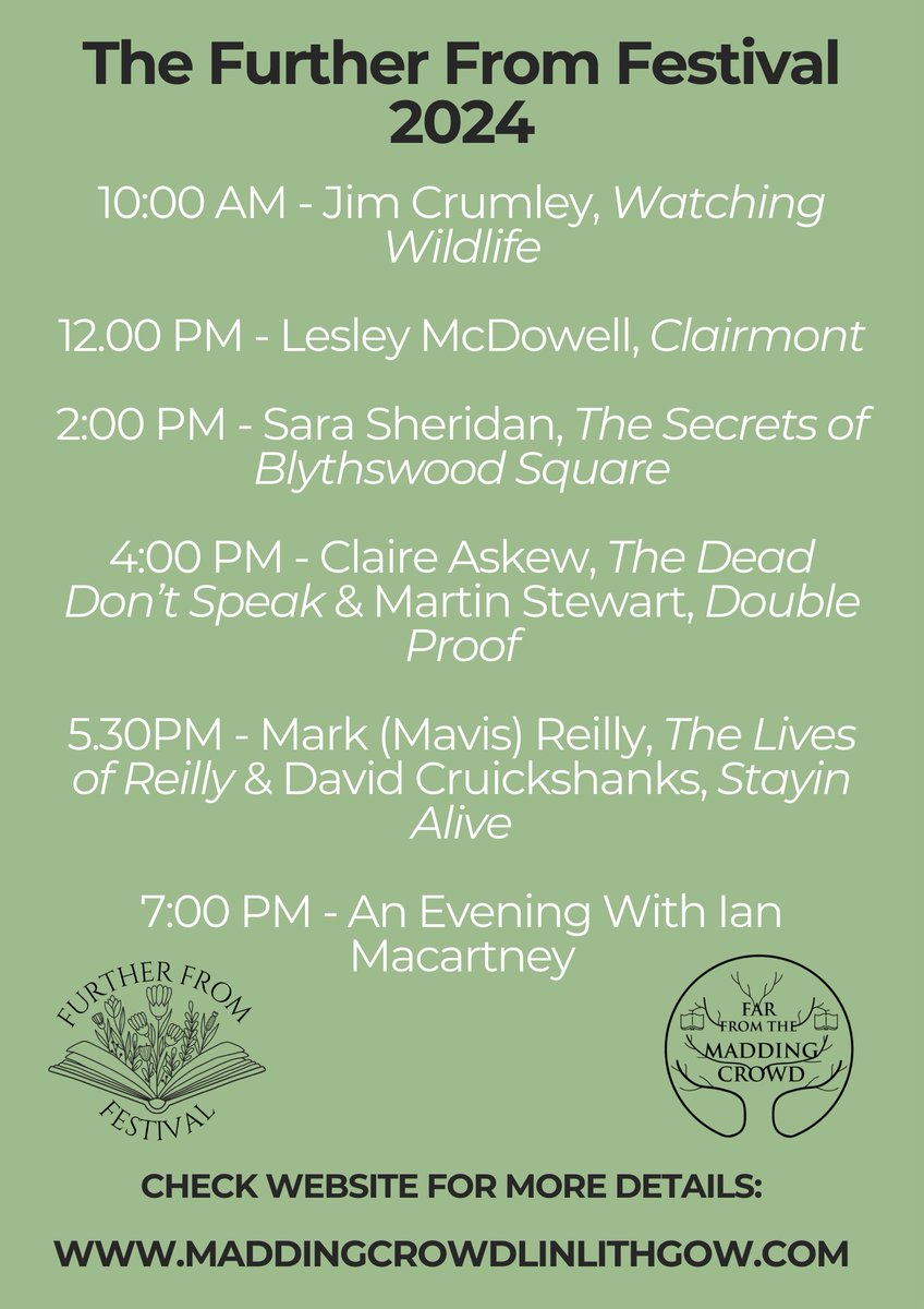 One day to go until our one day festival here in #Linlithgow! One day, six events, eight FABULOUS authors for you to enjoy: The Further From Festival is nearly here! maddingcrowdlinlithgow.com/collections/ev… #ChooseBookshops🧵