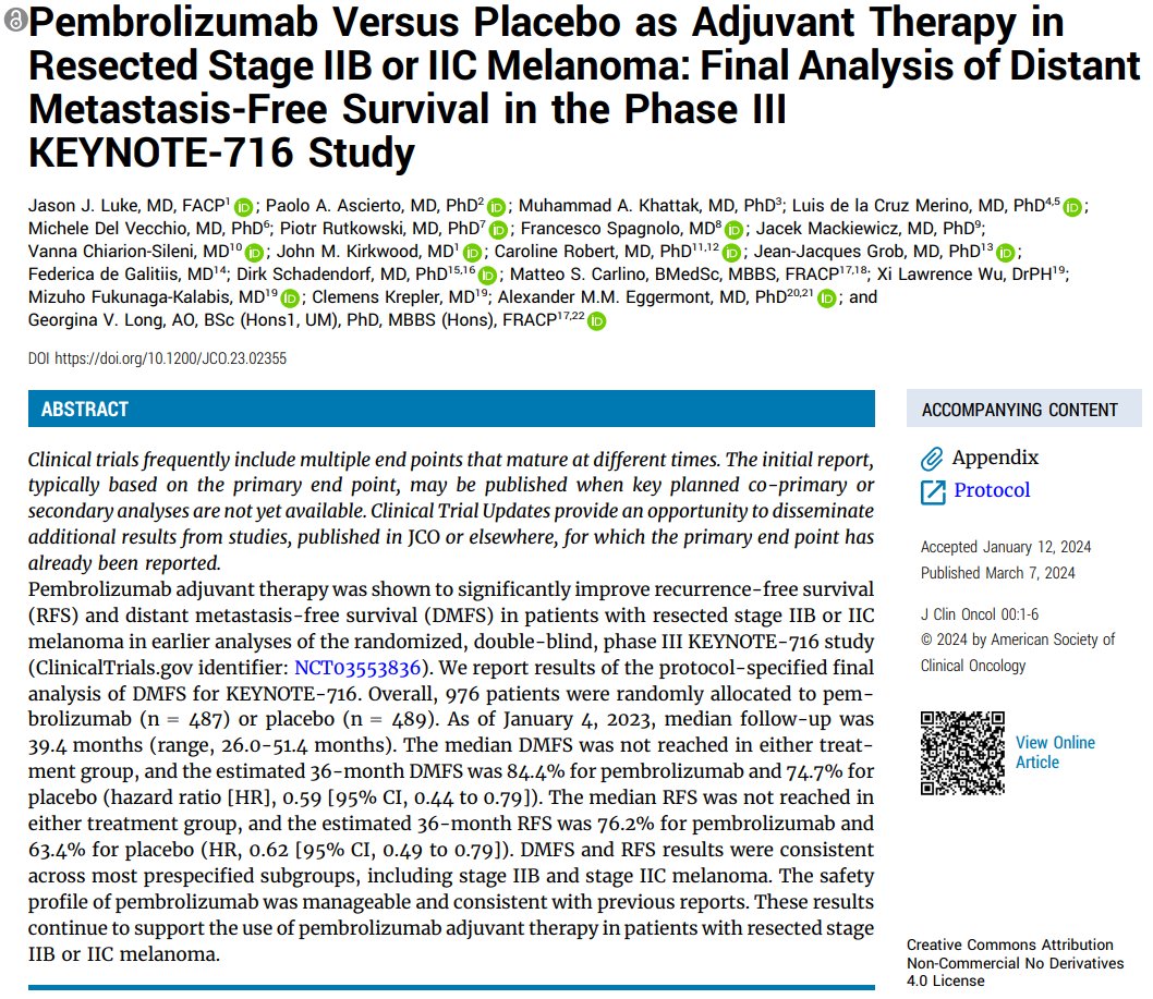 3 year update for KN716 now online @JCO_ASCO. Foundational data for adjuvant #melanoma emphasizing patients with stage IIB/C dz are at high risk & anti-PD1 is highly effective to prevent recurrence. Next step - biomarker work to optimize patient selection! ascopubs.org/doi/10.1200/JC…