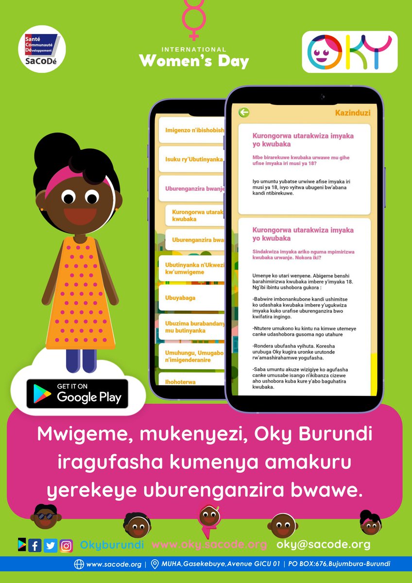 #Oky_Burundi ibifurije umusi mukuru mwiza w’abakenyezi !
Kuri wewe utarinjiza Oky Period Tracker mwitelefone yawe, bikore uciye ngaha : play.google.com/store/apps/det…
hama uheze wironkere amakuru yizewe
<a href="/SacodeBurundi/">SacodeBurundi</a> <a href="/UNICEF/">UNICEF</a> <a href="/UNICEF_Burundi/">UNICEF Burundi</a> <a href="/okyperiodapp/">Oky Period Tracker For Girls</a> 
#IWD2024