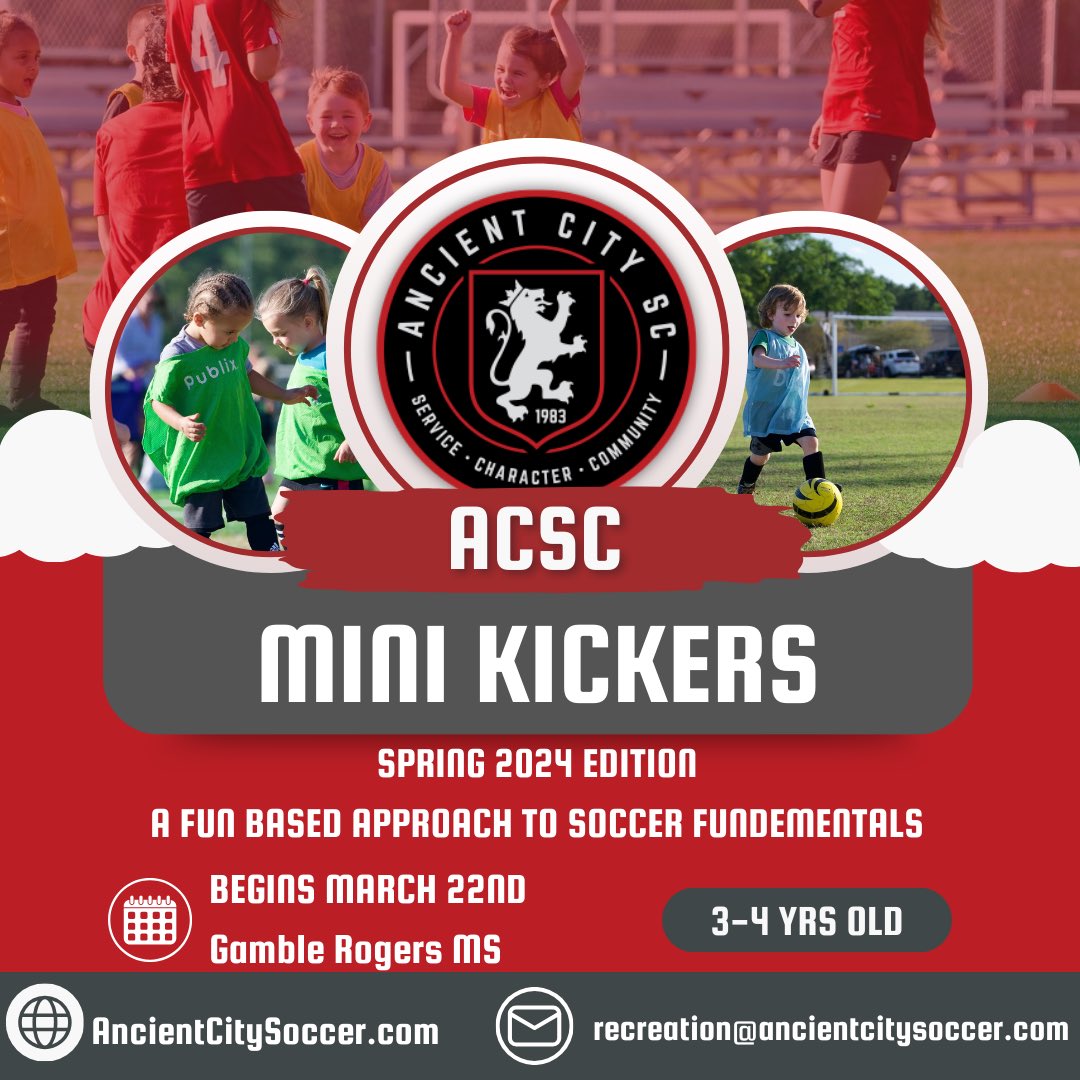 Registration for Mini Kickers is open and set to start on March 22nd. You can register by going to AncientCitySoccer.com and register under 2024 Spring Mini Kickers. 

Reach out to Scotty King if you have any questions recreation@ancientcitysoccer.com