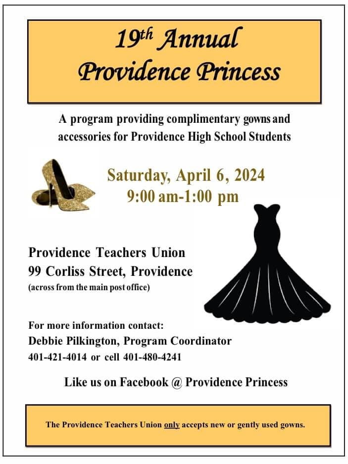 Our 19th annual Providence Princess Prom Dress giveaway is almost here! We offer FREE prom gowns, shoes and jewelry to Providence students attending their prom. April 6th from 9-1 at 
99 Corliss Street. Mark your calendar and hope to see you there!