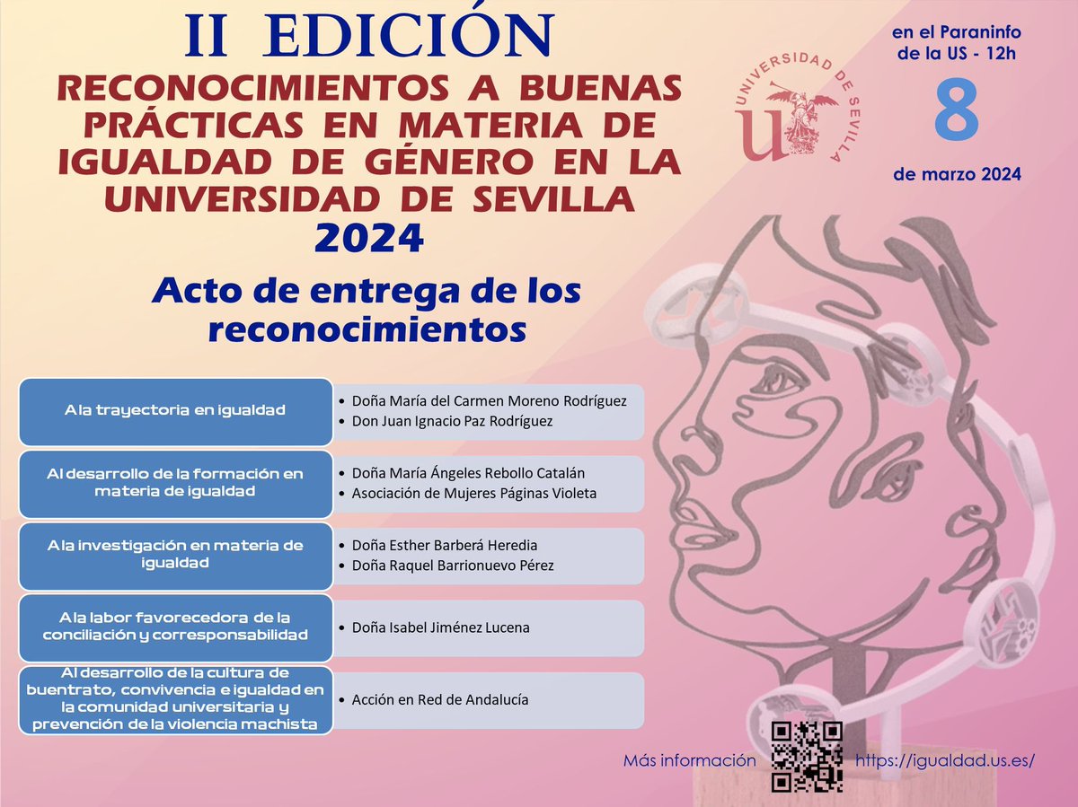 marramirez's tweet photo. La igualdad es el mejor antídoto contra todo tipo de violencia. La @unisevilla ha premiado a mujeres fuertes, de una larga trayectoria en el tiempo en proyectos de igualdad. Gracias, amigas, por todo lo que siempre habéis hecho abriendo espacios para que entre la luz. https://t.co/jwMVb12znS