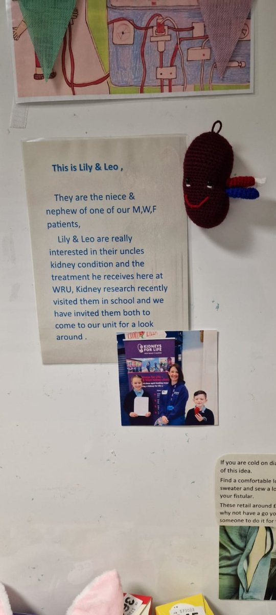 VeloneAbigail's tweet photo. After Lily and Leo wrote that letter to their school asking to raise funds for KFL, their uncle took in their photo to his renal unit where he has dialysis. They have put it up for all to see and invited them both to the unit to have a tour! @St_Wilfrids_CE @St_Wilfrids_6C https://t.co/2Ja60wI8Eh