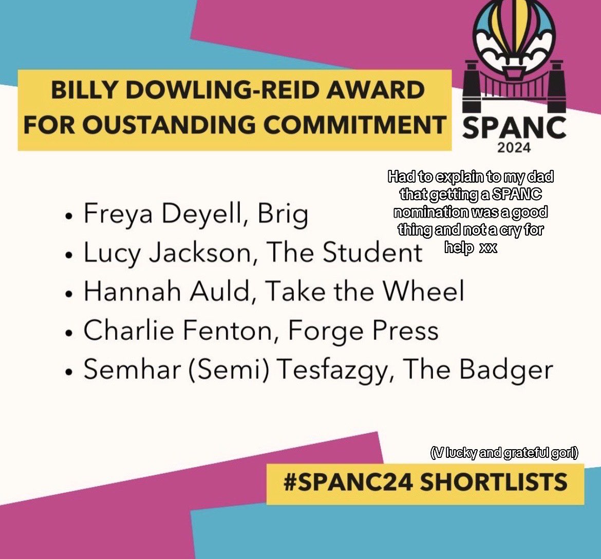 Thrilled to say I have been nominated for a #SPANCAward for outstanding commitment. @takethewheelmag has also been nominated for a #SPACAward!!! Over the moon 🙏 @sheffjournalism @SPAJournalism #studentjournalist