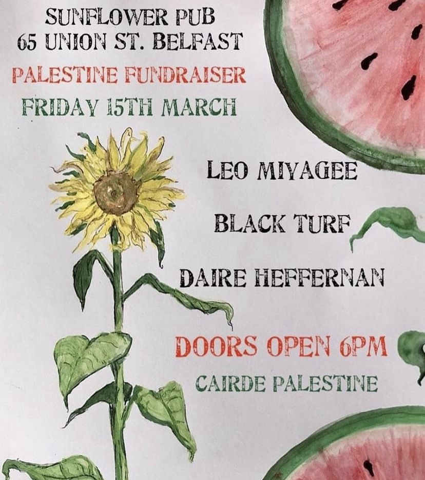 gonna be kicking things off with a lil cosy acoustic set in the sunflower march 15th ! fundraising for a good cause, if there's any time youve considered going to a gig of mine please let it be this one. tix in my bio 🇵🇸🇵🇸🇵🇸🇵🇸
