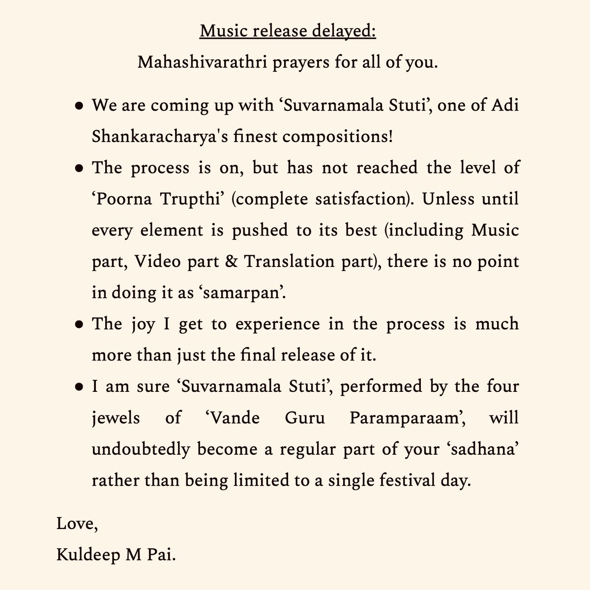 Music release delayed:
Mahashivarathri prayers for all of you.  
#VandeGuruParamparaam ##SanatanaDharma