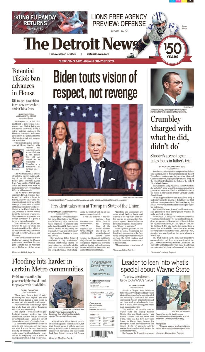 AndrewJBates46's tweet photo. SOTU front pages: 

@detroitnews: "Biden touts vision of respect, not revenge" 

@PittsburghPG: "'This is a moment to speak the truth'" 

@PhillyInquirer: "Biden offers a State of the Union salute to America's 'core values'"

@reviewjournal: "Biden states his case" https://t.co/HZ7RiCEvoK