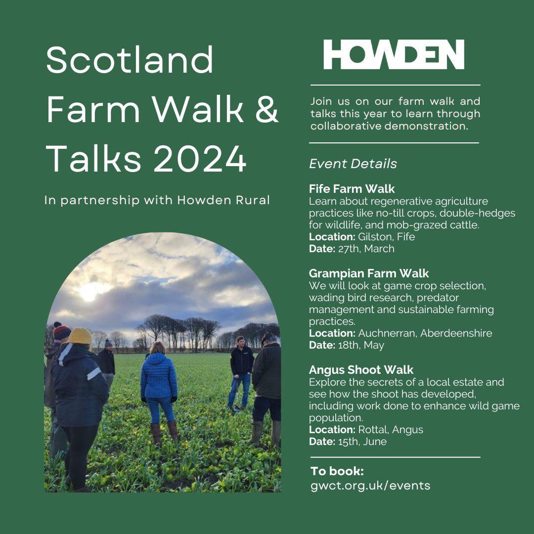 Join us for our 2024 farm walk and talks across Scotland! 🌾 We are delighted to partner with Howden Rural to deliver these this year. We're committed to showcasing sustainable farming and game management practices for the future. Come learn, explore, and be inspired!