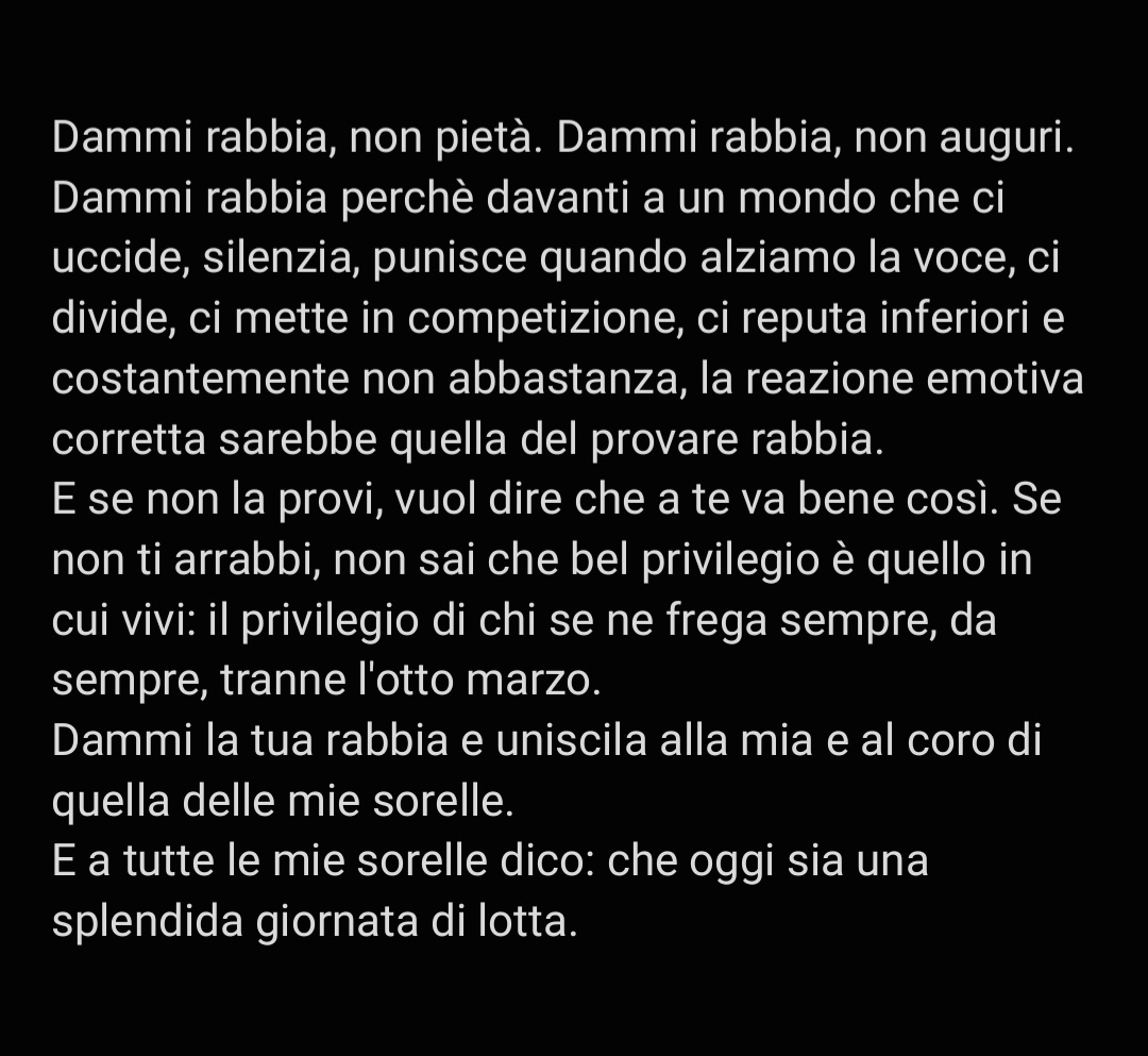 MasieroEva's tweet photo. Dammi rabbia.
E che oggi sia una splendida giornata di lotta.

#InternationalWomensDay #8marzo2024 @VagnoliC https://t.co/ecFYuQ2b8r