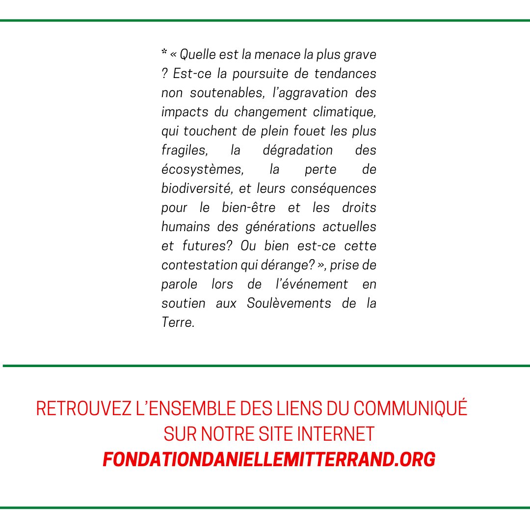 [Communiqué] « Pour la défense du vivant, contre la répression » ✊🌳 La Fondation Danielle Mitterrand suit depuis plusieurs mois la mobilisation des riverain·es et associations contre le projet de l’autoroute A69 Castres-Toulouse. 🌳🌱🌿🐿