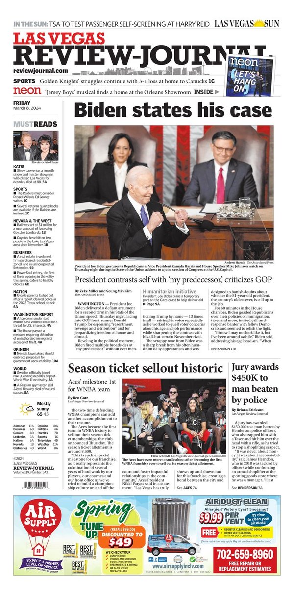 SOTU front pages: @detroitnews: 'Biden touts vision of respect, not revenge' @PittsburghPG: ''This is a moment to speak the truth'' @PhillyInquirer: 'Biden offers a State of the Union salute to America's 'core values'' @reviewjournal: 'Biden states his case'