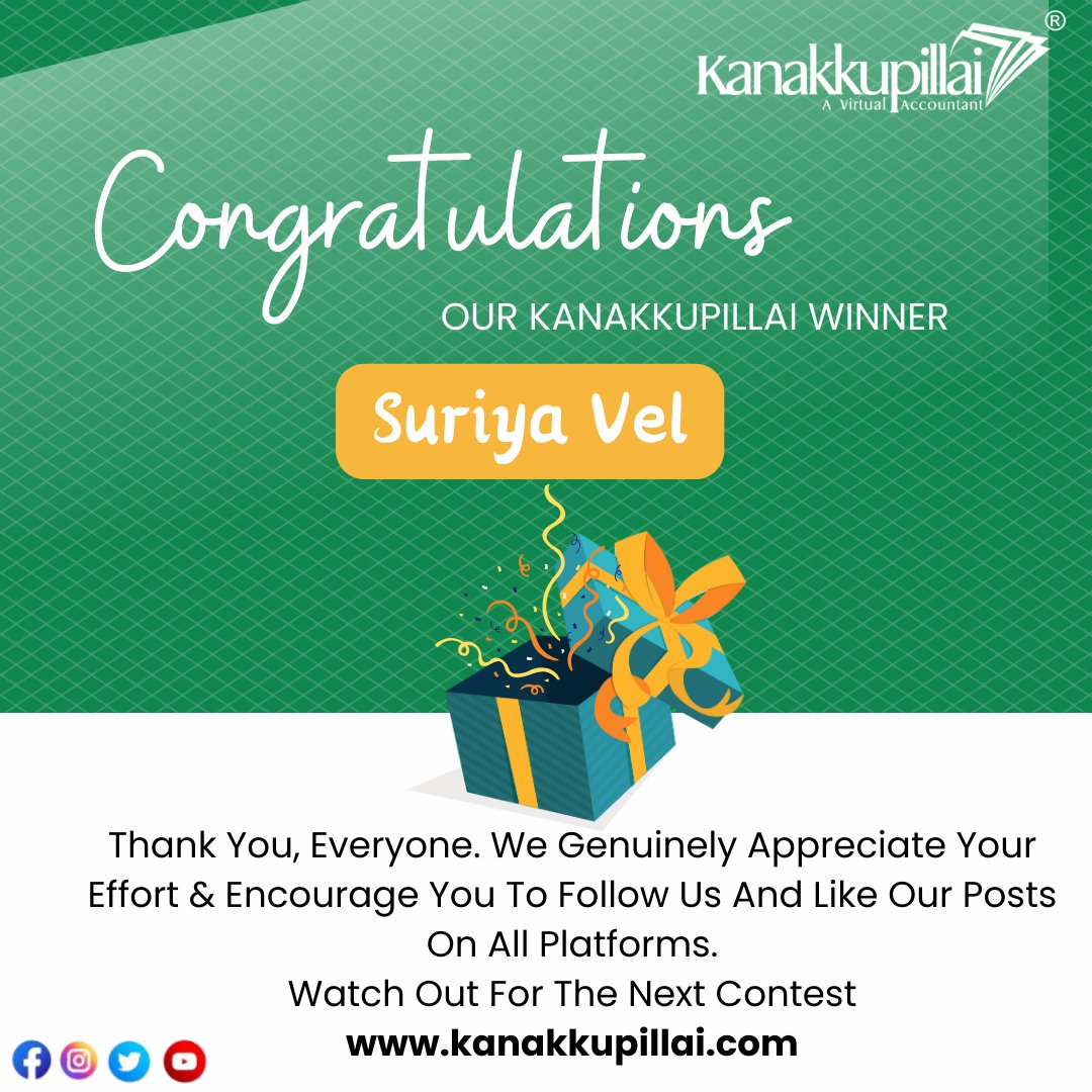 CONGRATULATIONS🥳🥳
Our Kanakkupillai Contest Winner
suriyavel95
You won a Rs 500/- #AmazonVoucher in #kanakkupillai March 2024
Thank you, everyone. 
Watch Out For Next Contest, and stand a chance to win Amazon Vouchers.

#ContestAlert #questions #giftvouchergiveaway #winner2024