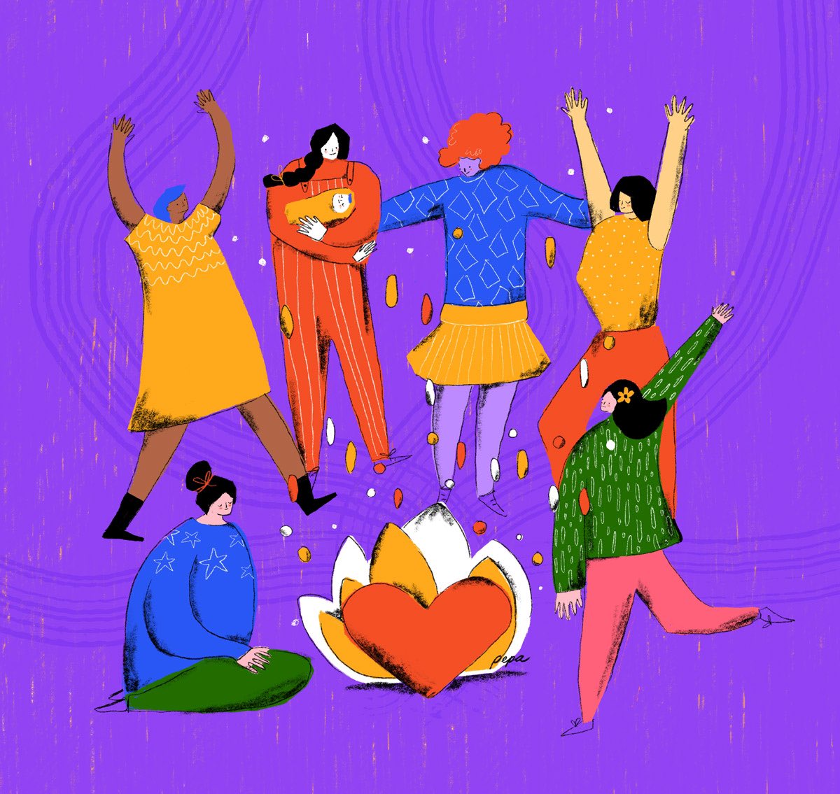 #8M Día Internacional de la Mujer. 

Ilustración para ONU Mujeres en el marco del Foro Global Ciudades Seguras. 

Aquelarre de brujas hermanas. Ni una menos 💜🔥