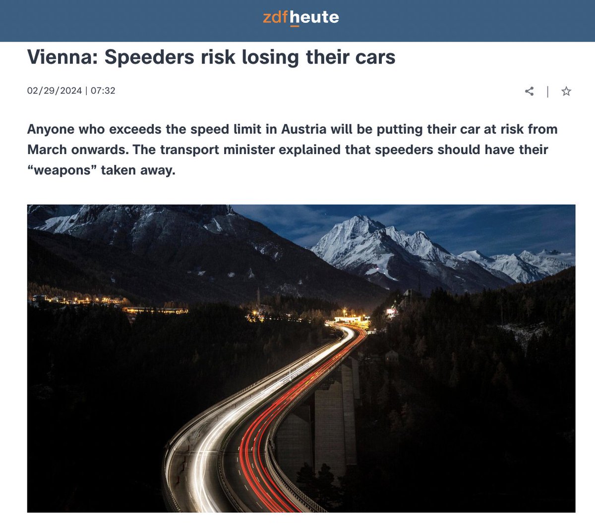 DavidZipper's tweet photo. Here's one way to reduce crashes:

As of this month, reckless speeders in Austria can have their cars confiscated and auctioned off.

https://t.co/mKDI12Xw4v https://t.co/to5o78ujON