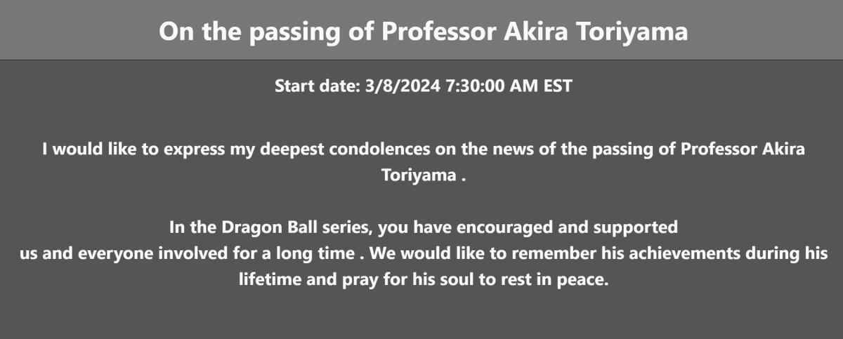 DaTruthDT's tweet photo. Global &amp; JP messages in game regarding the passing of Akira Toriyama. https://t.co/zNIGVIzGAO